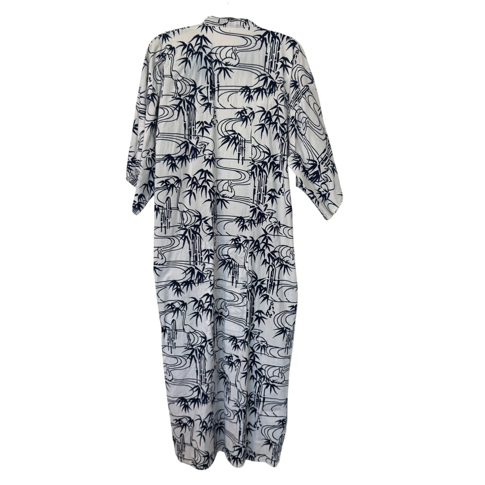 VTG Japanese Yukata Kimono Robe White Navy Bamboo Crane Print Maxi Cotton - Picture 5 of 5